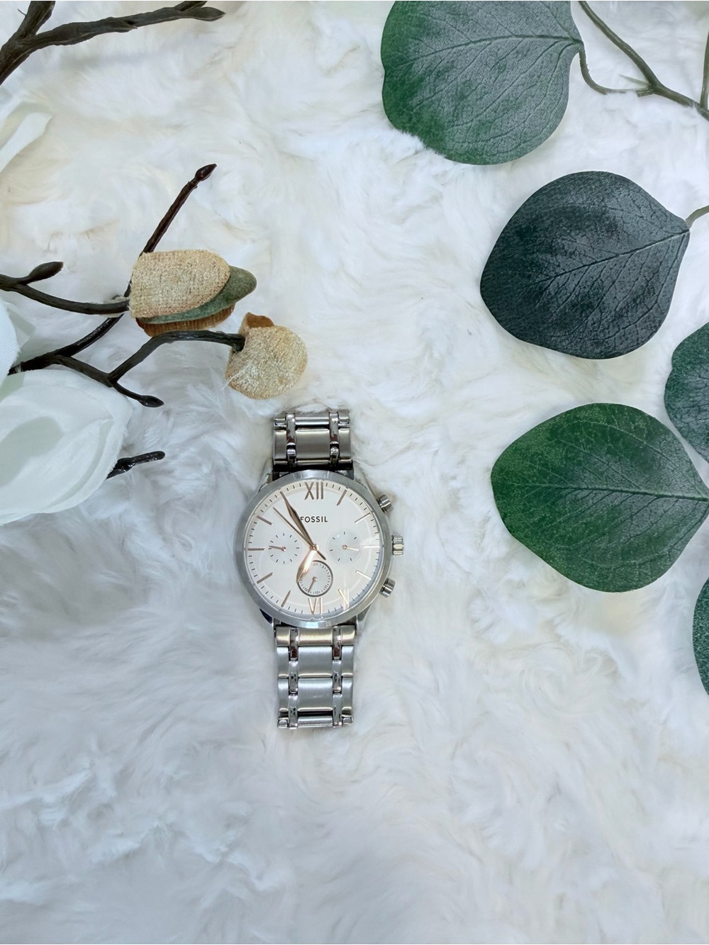 Fossil Men's Silver-Tone Stainless Steel Chronograph Watch with Rose Gold Dial